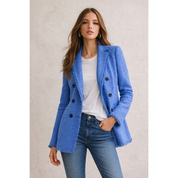 Ann Taylor Blazer Women's 2 Blue Tweed Double-Breasted Blazer Jacket NEW